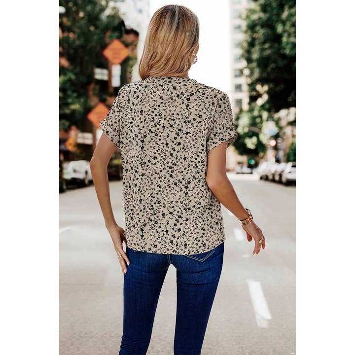 khaki V Neck Floral Print Batwing Sleeve Blouse for wholesale on Faire