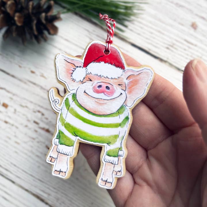 Holiday Wooden Ornament - Pig for wholesale by Found and Lost Art