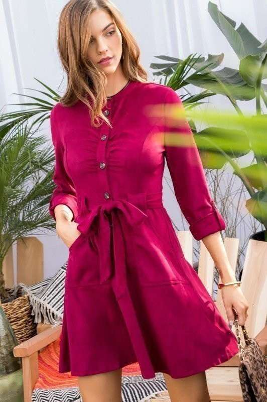 Main Strip - Wholesale Dress - Women's - Flared skirt pockets Waist tie Suede Dress13