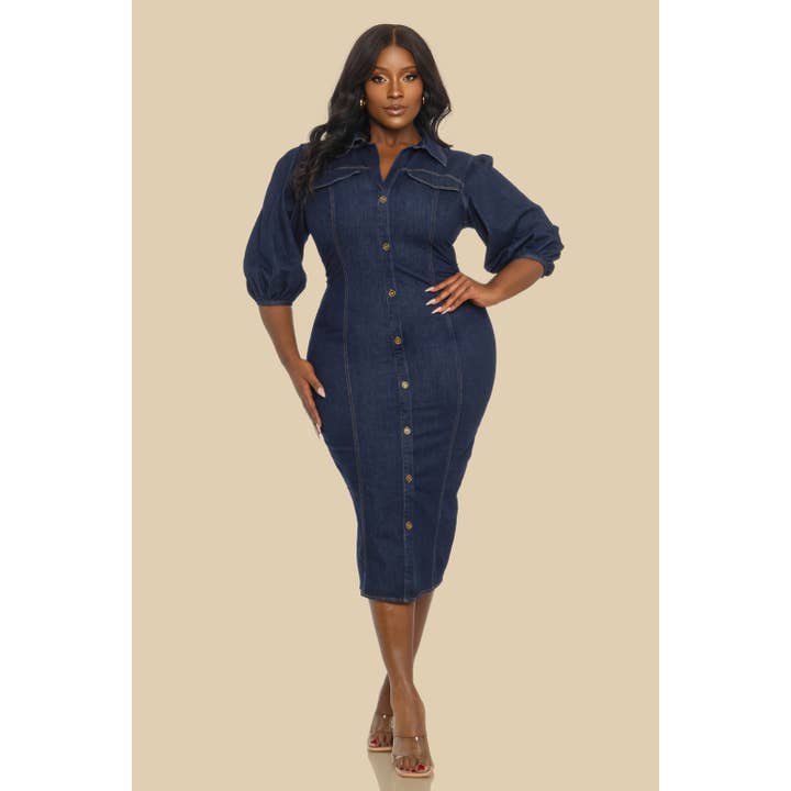 FITTED DENIM PUFF SLEEVE MIDI DRESS for wholesale by The Sang