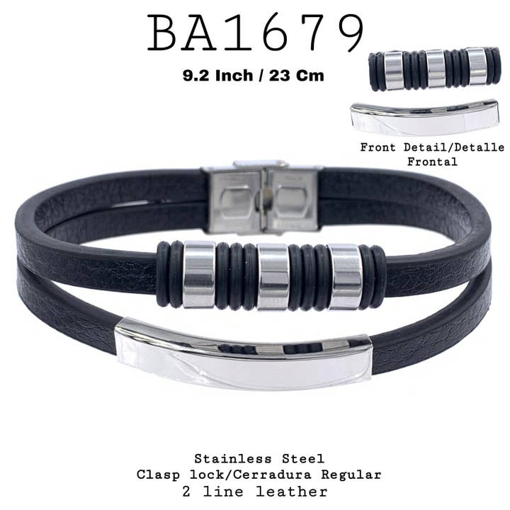 23 cm/9,2 tum S. Stål Svart Faux män Läderarmband för wholesale av Nisso & Co. NYC Jewelry Wholesale