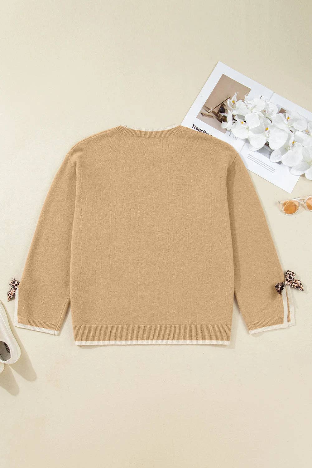 Tan Plus Size Leopard Bow Decor Split Cuffs Loose Sweater for wholesale on Faire3