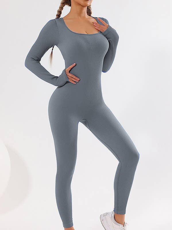 Color 5 - Wholesale Jumpsuit - Women's - Solid gray color seamless ribbed long sleeve jumpsuit0