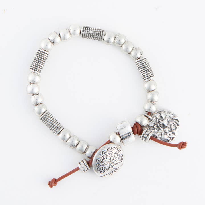 Elsie & Zoey - Wholesale Charm/Dangle Bracelet - Bolo Bracelet Remie Silver Beaded Charm + Genuine Leather2