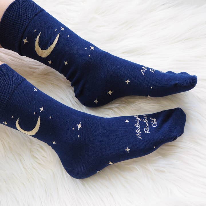 LiteraryEmporium – wholesale Socks – Women's – Midnight Readers Club Book Lover Blue Cotton Socks Moon Star1