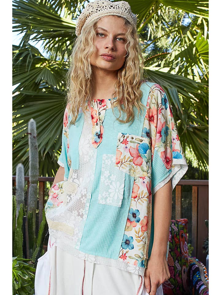 Pol Clothing - Wholesale Knit Top - Women's - Round neck short sleeve floral knit rib top SALE