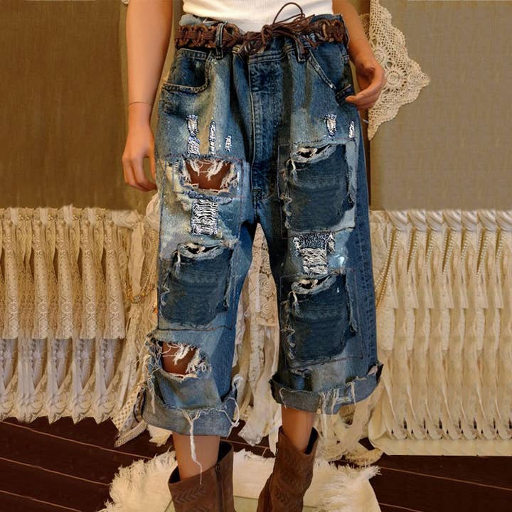 Ripped tassel wide-leg vintage loose ripped jeans for wholesale by Tourtiwi