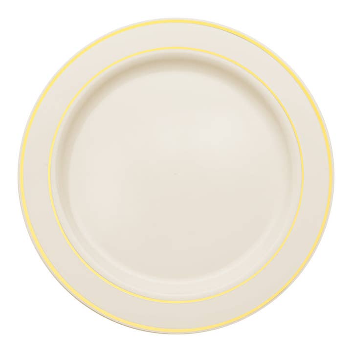 Platos de cena de plástico marfil con borde dorado de 10,25" - 120 uds. para venta al por mayor de Smarty had a Party