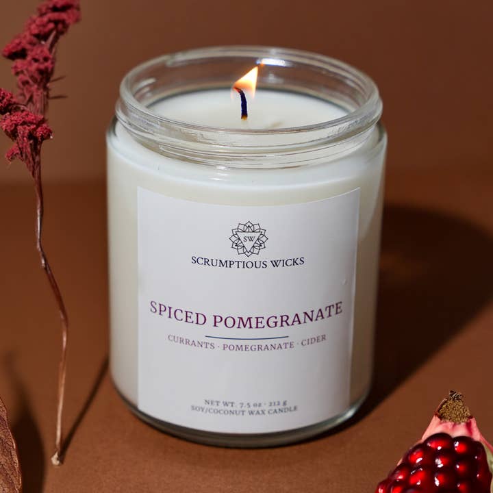 Spiced Pomegranate 7.5oz soy/coconut wax glass jar candle for wholesale by Scrumptious Wicks