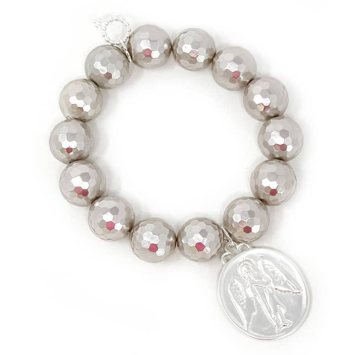 Faceted Mother of Pearl with Large Matte Silver Guardian Angel for wholesale by PowerBeads by jen