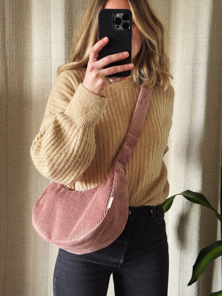 Pink corduroy croissant bag for wholesale by Peman