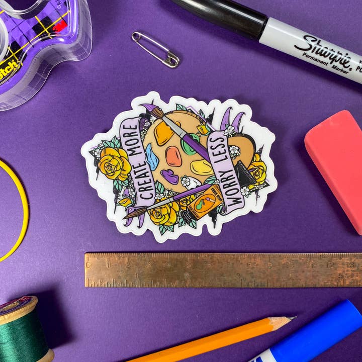 The Paint Sesh - Vente Autocollant - Autocollant Create More Worry Less transparent | Autocollant pour artiste10