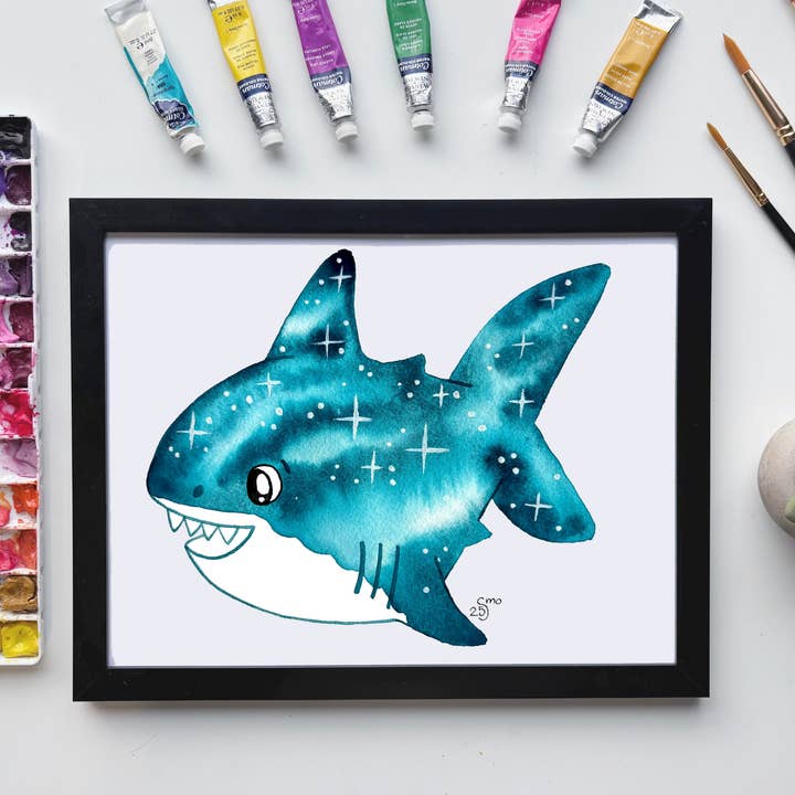 Impression Aquarelle Requin Galactique – Art Animal Océan Cosmique pour la vente par Owlfeathers Watercolor