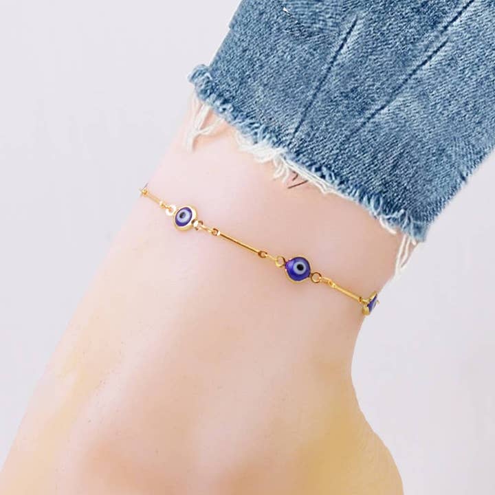 18K Gold Plated Bar Style Blue Evil Eye Crystal Anklet for wholesale by Vesa Jewels