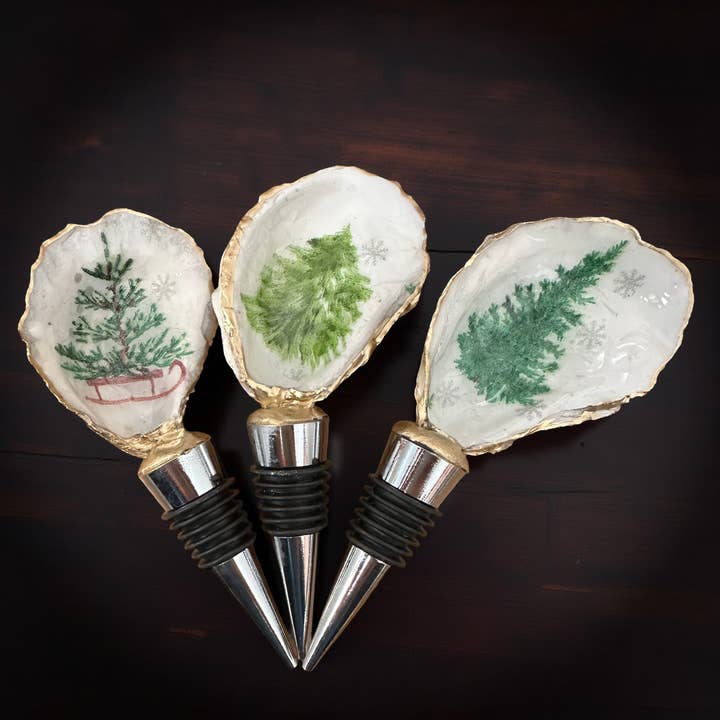 Christmas Tree Oyster Shell Wine Stopper – Gold Rim for wholesale by Shell Yeah By Jaks LLC