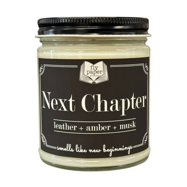 *New Scent* Next Chapter 9oz Glass Candle Leather + Amber for wholesale by Fly Paper Products