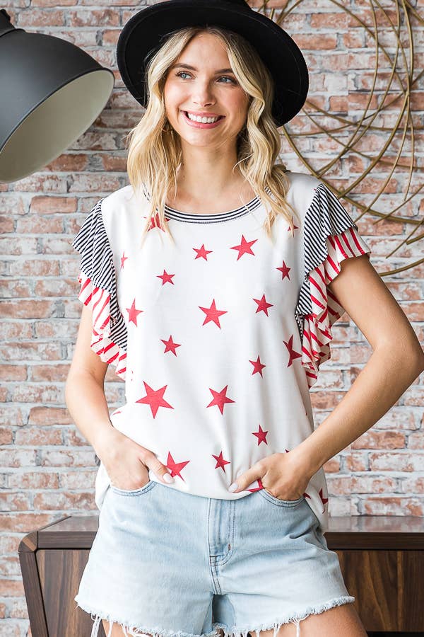 7th Ray - Venta al por mayor Túnica - Mujer - Top de manga corta con doble volante y acento de rayas de estrellas T52324