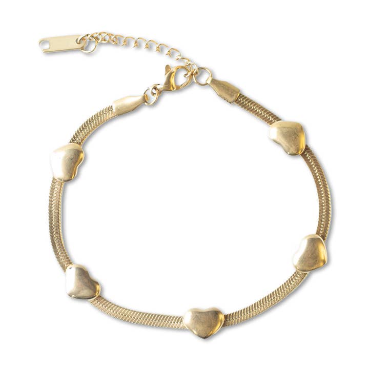 Pulsera de cadena dorada con forma de corazón en espiga, colección Gilded para venta al por mayor de Lenny & Eva