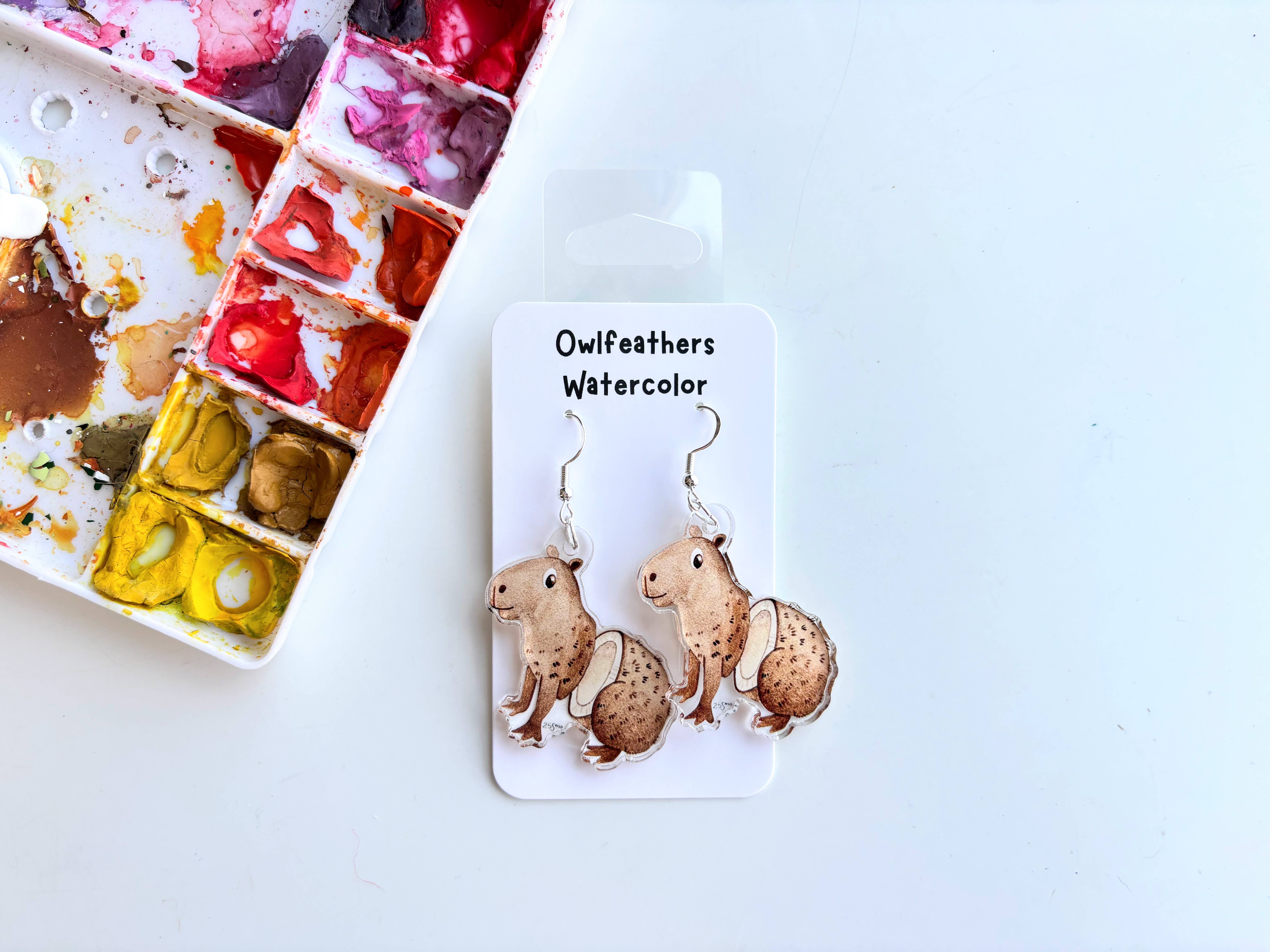 Owlfeathers Watercolor - Wholesale Dangle Earrings - Capybara Earrings – Coconut Fruit Animal Art Jewelry0