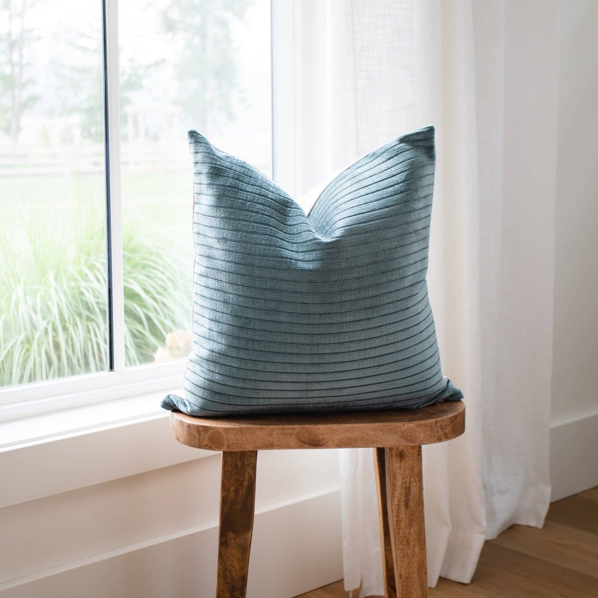 Linen & Ivory - Wholesale Throw Pillow Cover - SLOANE || Teal Velvet Striped Pillow Cover1