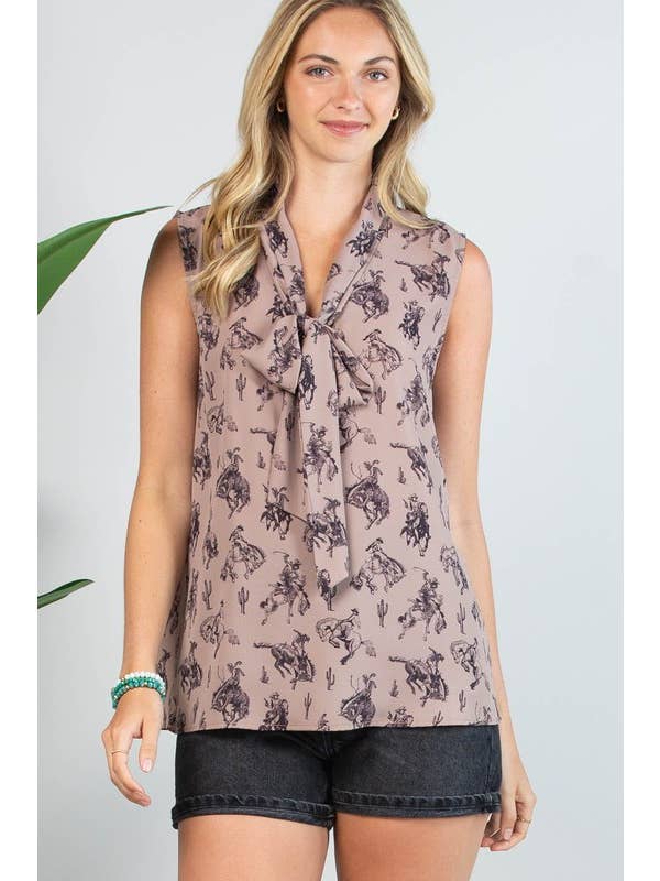 Mocha AT1289-COLETTE BUCKING HORSES PRINT FRONT TIE WOVEN TOP for wholesale on Faire