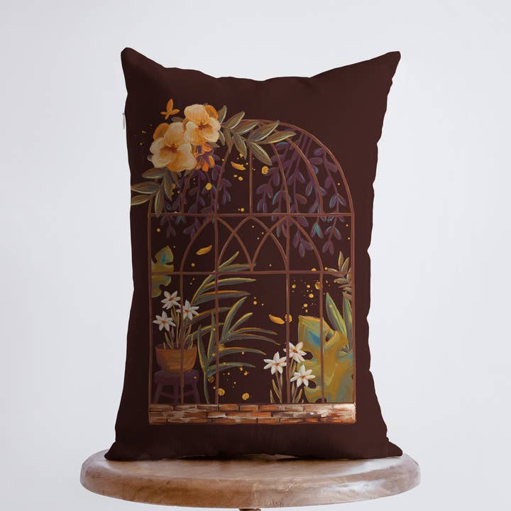 Brown Greenhouse Window | Pillow Cover | 12x18 | Greenhouse | Floral Pillow | Throw Pillow | Gift for her | Flowers | Vintage | Gift for her for wholesale by UniikPillows