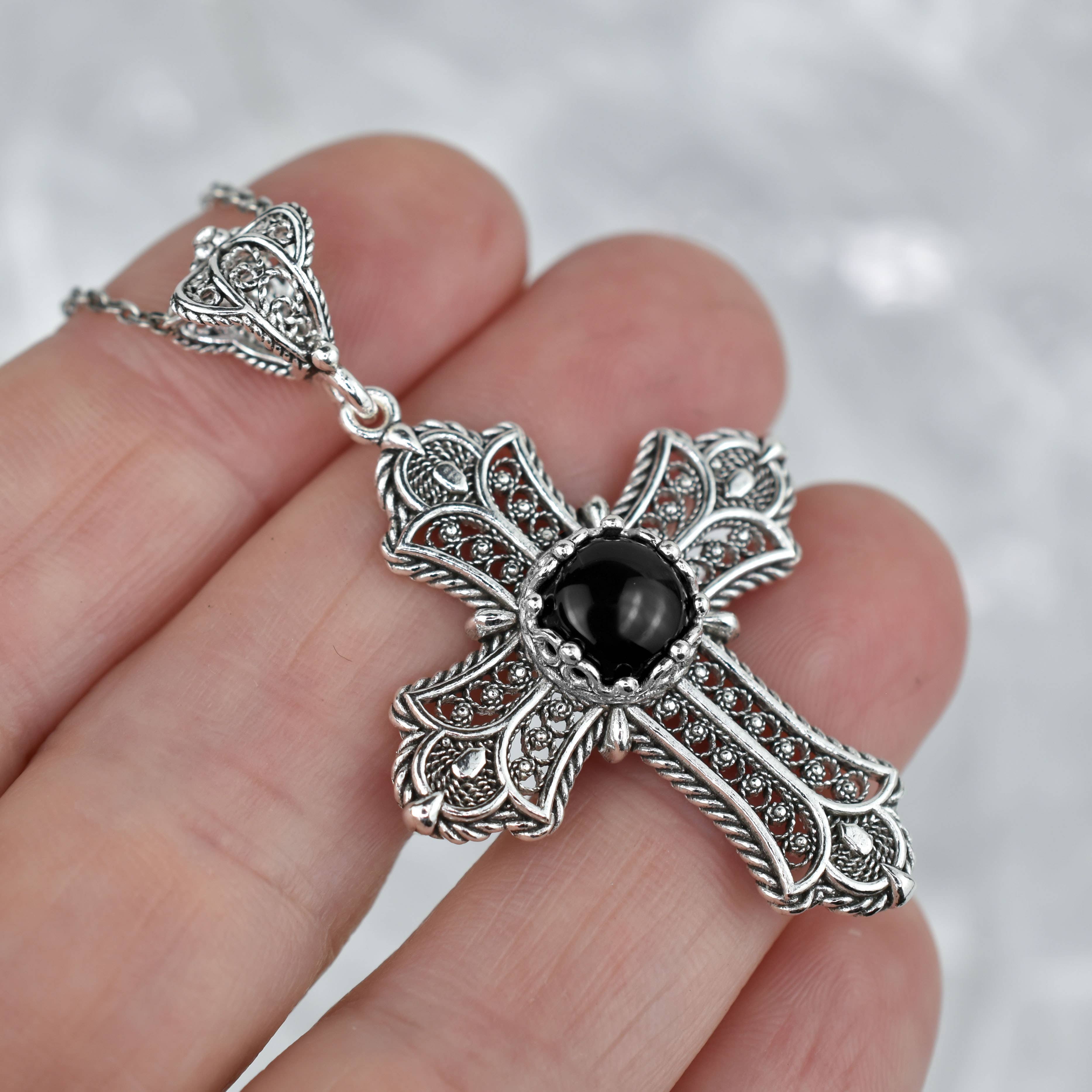 Filigranist Jewelry – wholesale Pendant/charm necklace – Sterling Silver Filigree Art Multi Gemstone Cross Necklace3
