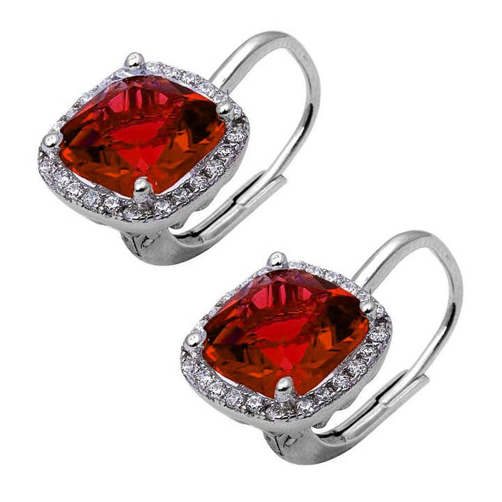 Cushion Halo Leverback Earrings Round Simulated Garnet CZ for wholesale by Blue Apple Imports