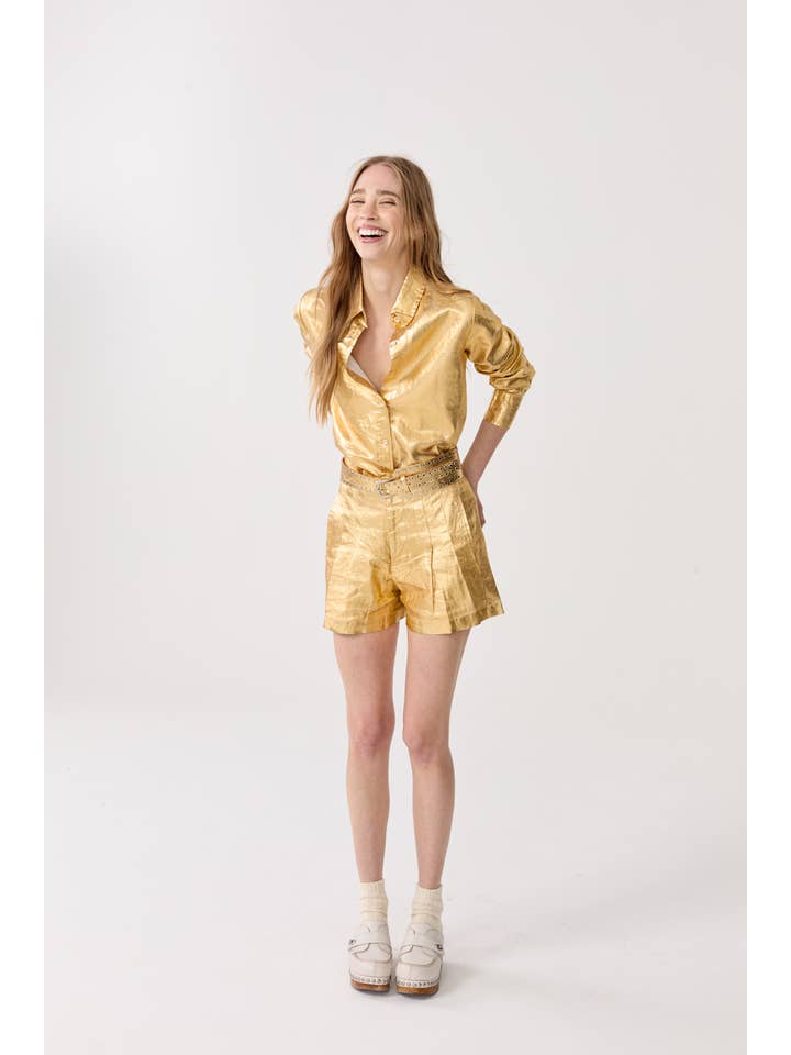 Guld Frida Metallic Hør Shorts - Guld for engroshandel på Faire2