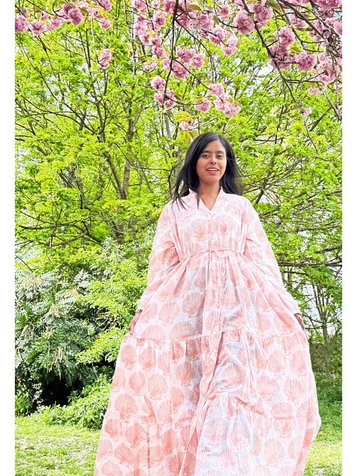 Essential Designs London - Wholesale Dress - Women's - Maxi Dress Indian Block Print White Peach Seashell Mermaid1