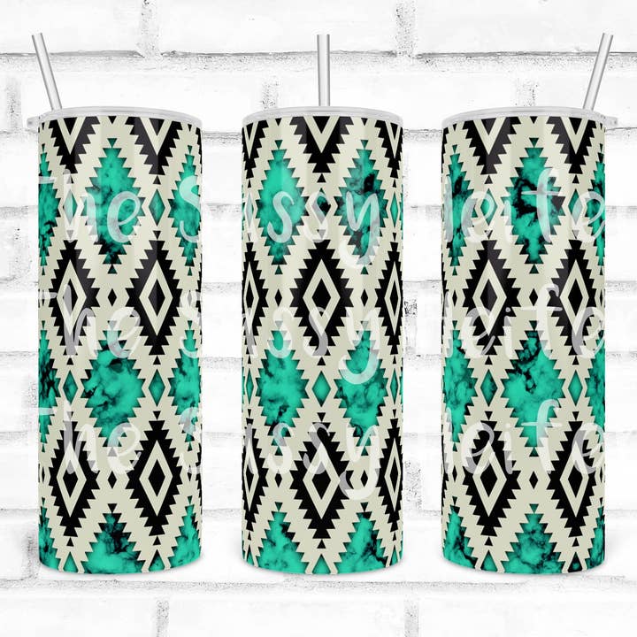 Cream Black & Turquoise Marbled Aztec Tumbler for wholesale by The Sassy Heifer