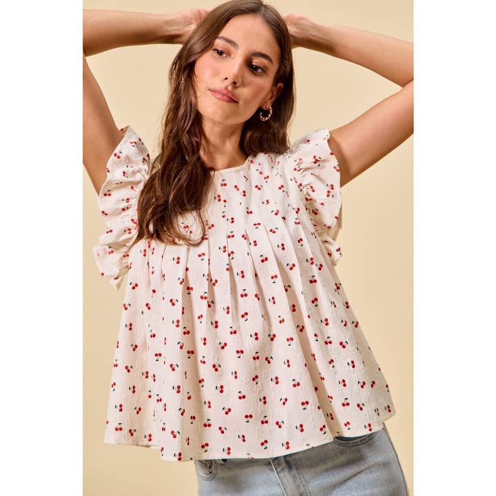 Blusa con Volantes y Detalle de Plisado Texturizado en Cereza para venta al por mayor de IVE