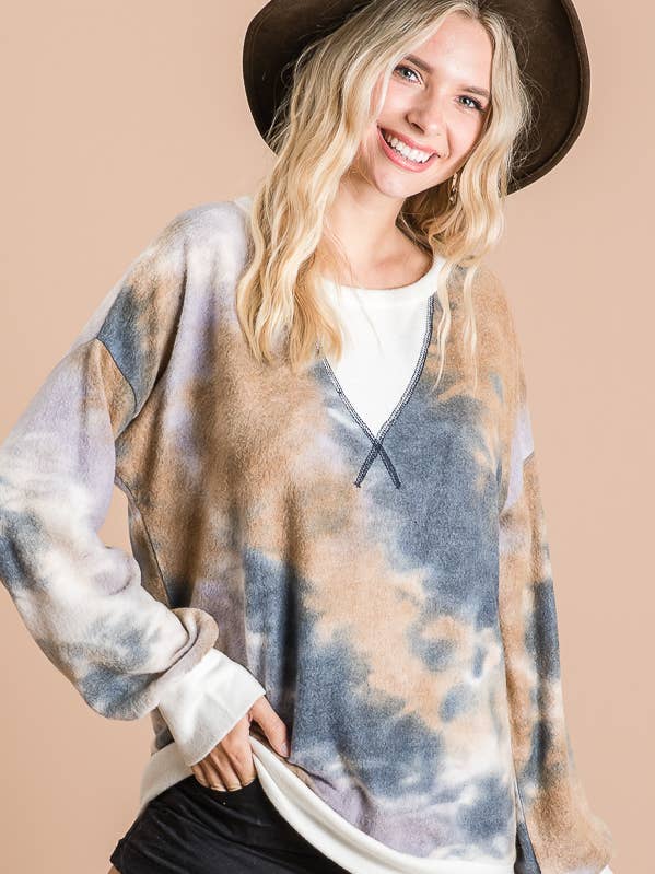 Oversized Tie Dye Drop Shoulder Long Sleeve Top T3611 for wholesale by 7th Ray