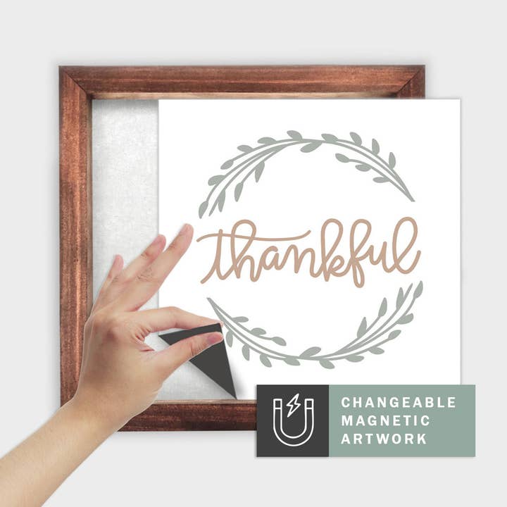 Magnetic Seasonal Decor Insert for Interchangeable Sign (Medium): Thankful with Wreath | Fall | Magnetic Sign Blank Sold Separate for wholesale by Simpler Seasons Decor