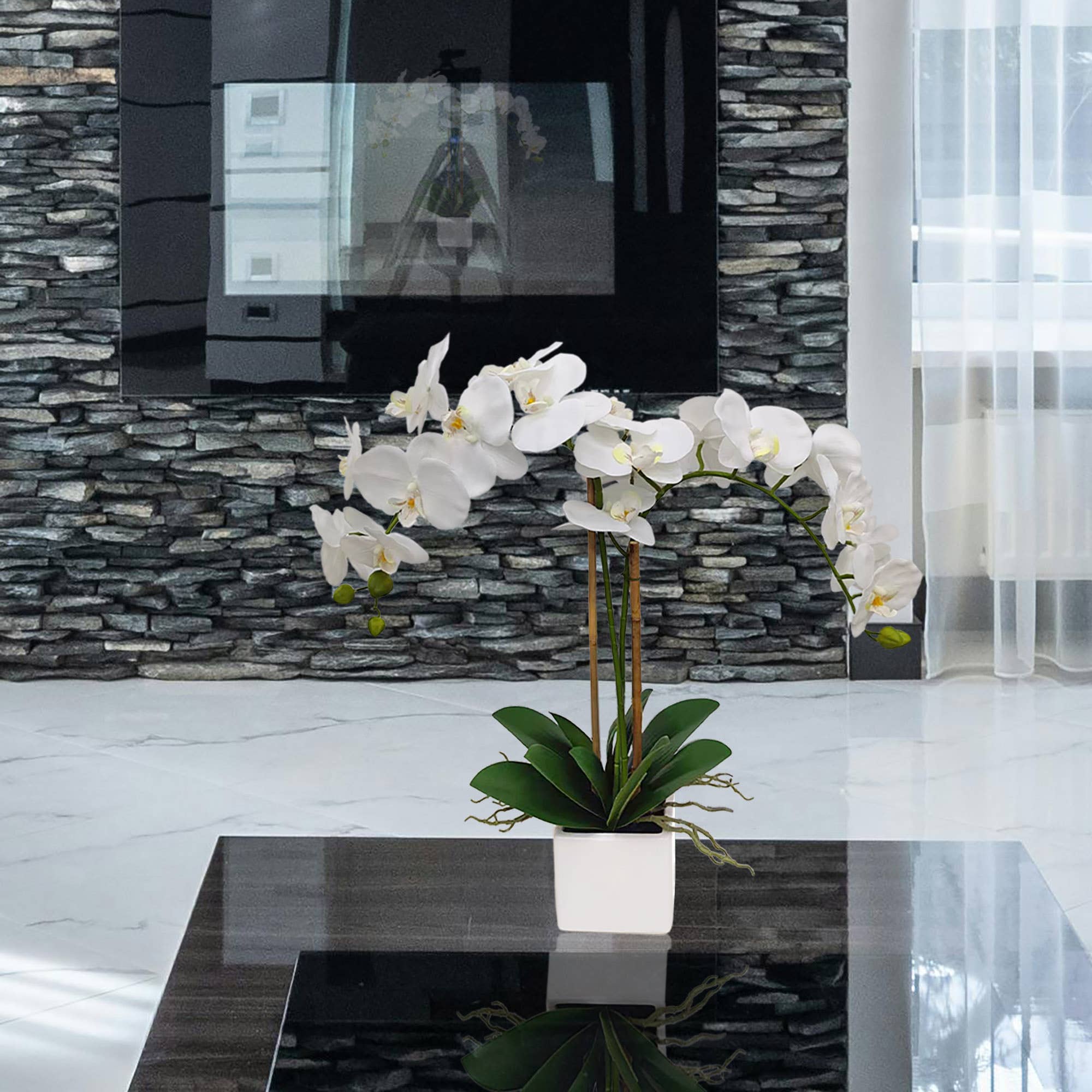 Larksilk - Wholesale Artificial Flowers - Elegant White Phalaenopsis Orchid Arrangement In 5" Cube Pot1