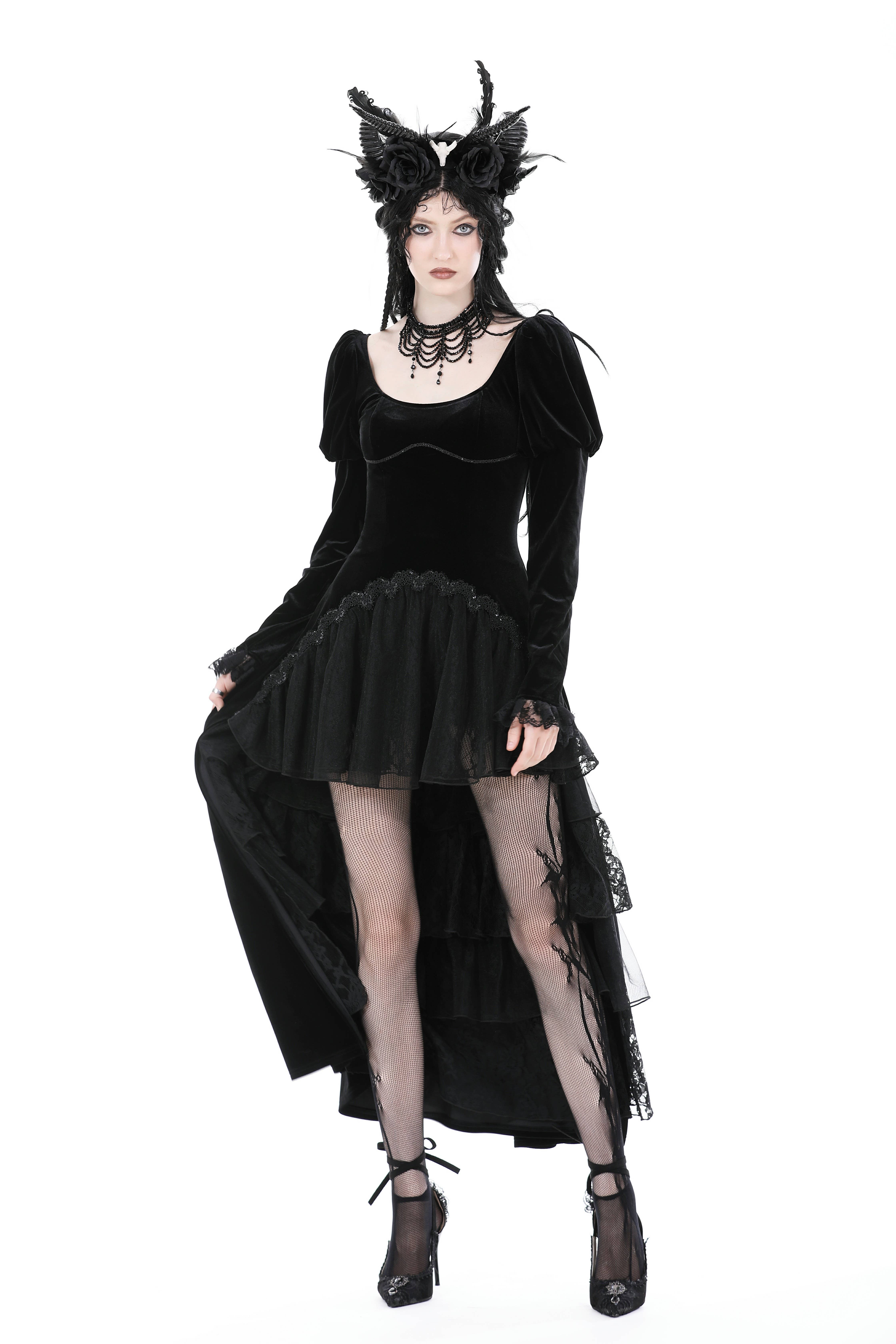 Western Fashion - Wholesale Dress - Women's - GOTHIC VELVET PUFF SLEEVE HIGH LOW DRESS1