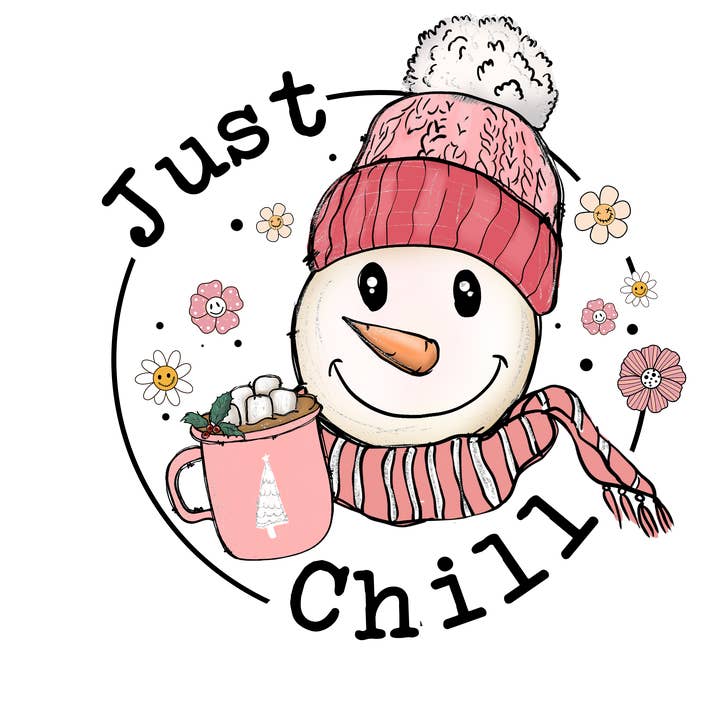 Autocollant Just Chill en forme de bonhomme de neige rose pour la vente par Unhinged Sticker Co.