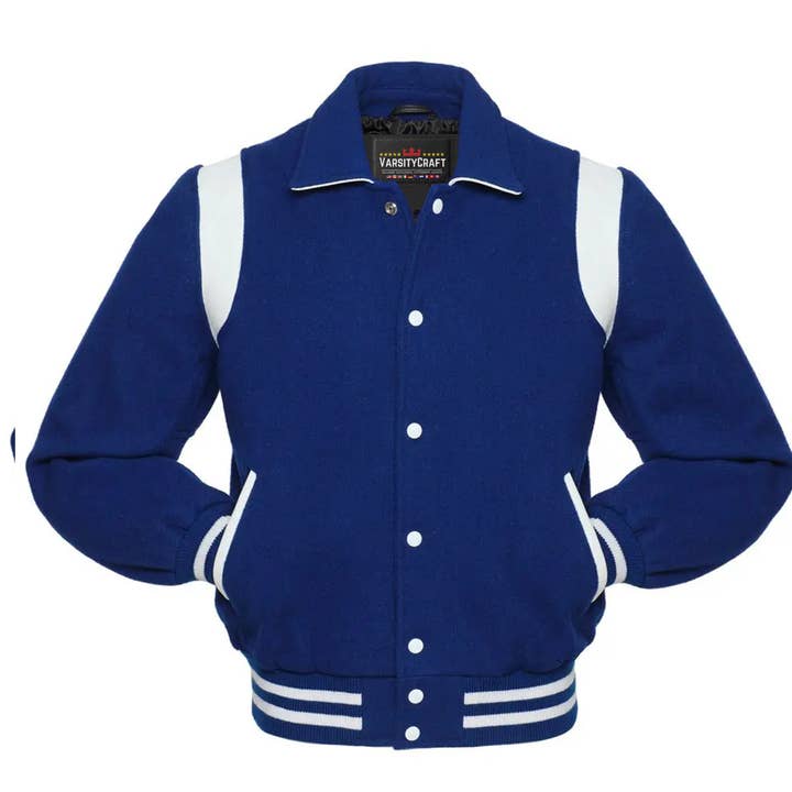 Royal Blue Wool&White Leather Sleeves Retro Letterman Jacket for wholesale by Varsity Craft