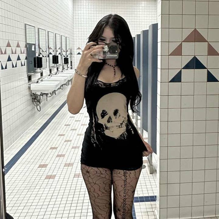 Women Fashion Gothic Lace Skull Print Sleeveless Dress for wholesale by SALINA TRADING INC