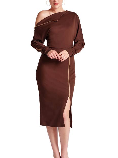 Josefa Asymmetric Dress: Long sleeve midi zip dress - brown for wholesale by Simona Maghen