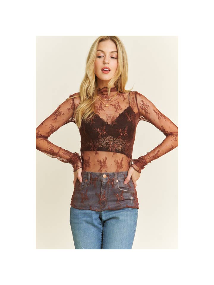 Sweet Generis - Wholesale Knit Top - Women's - MESH LACE HIGH NECK DESIGN LONG SLEEVE FITTED TOP8