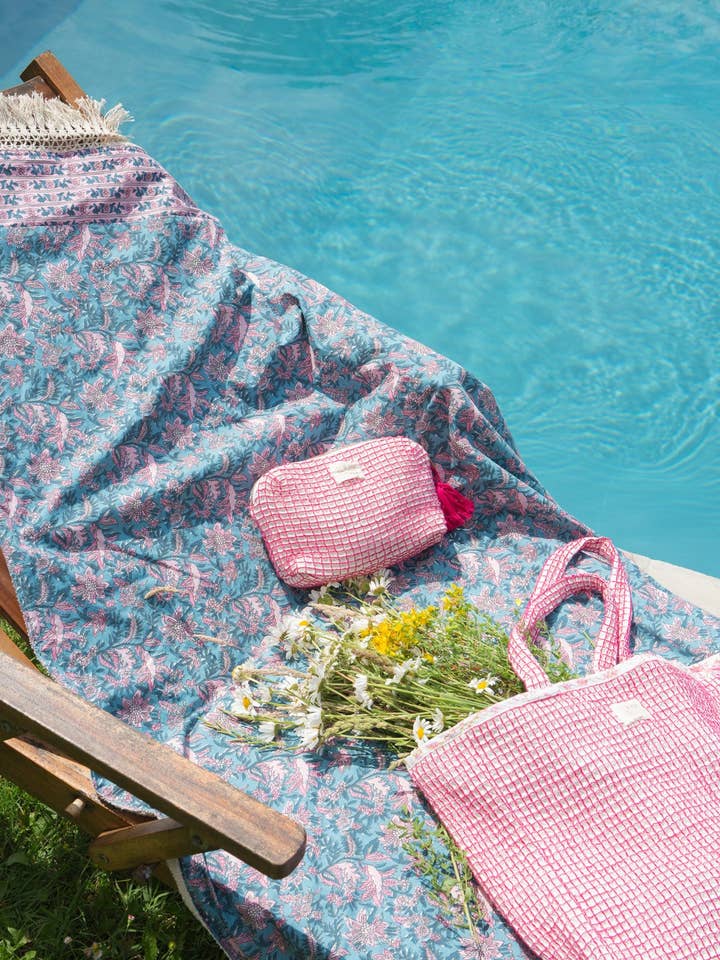 Lana Beach Towel - Tassels - flowers - blue - pink for wholesale by Louise Misha