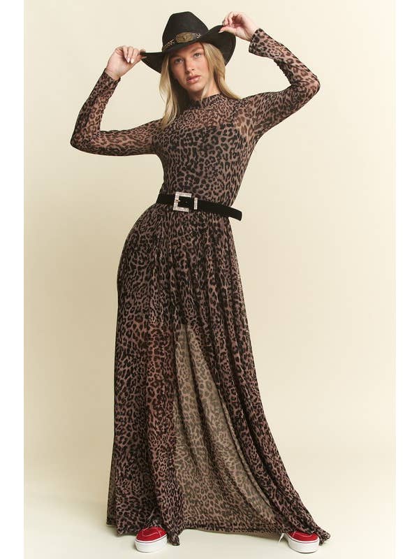Black LONG SLEEVE MOCK NECK ANIMAL PRINT MESH MAXI DRESS KRD4340-4 for wholesale on Faire