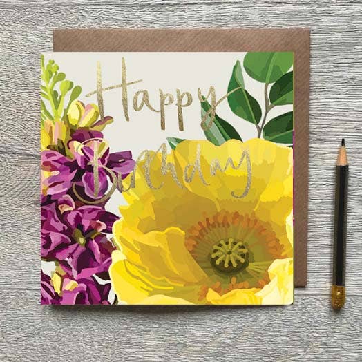 SF 03 - Grattis på födelsedagen Gul Vallmo Folierat Gratulationskort för wholesale av Sarah Kelleher