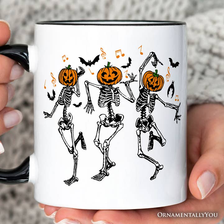 Dancing Skeletons with Pumpkin Head Personalized Mug for wholesale by OrnamentallyYou