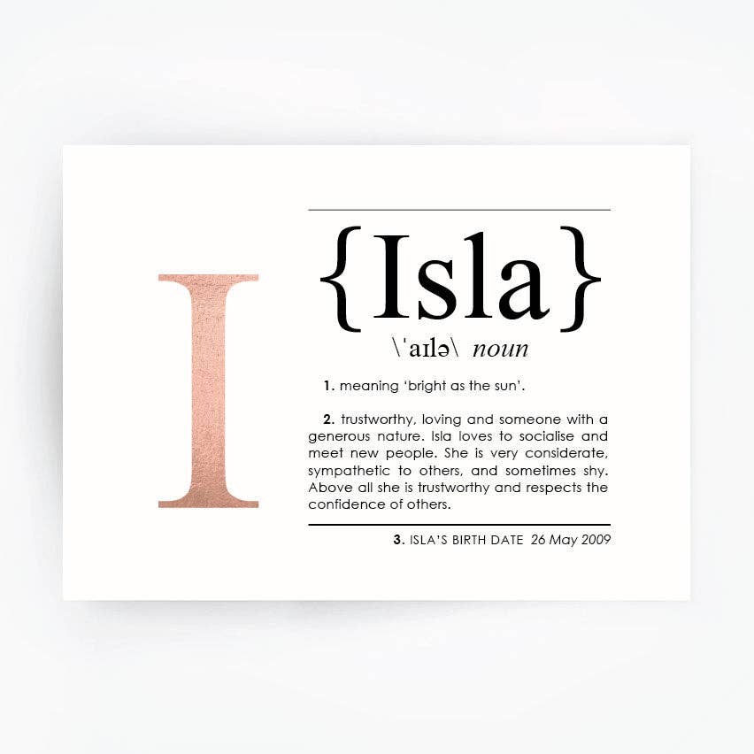 The Artisan Gift Co. - Wholesale Art print - Name Definition Art Print ISLA - Hand Foiled Print1