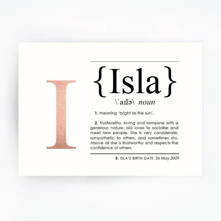 The Artisan Gift Co. - Wholesale Art print - Name Definition Art Print ISLA - Hand Foiled Print1