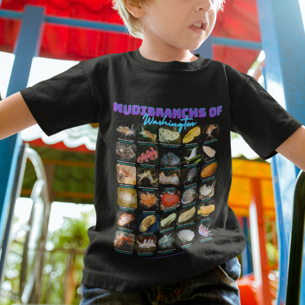 I LOVE NUDIS - Wholesale Screen Printed T-Shirt - Kids - I LOVE NUDIS™ Nudibranchs of Washington Black Kids Softstyle Tee with Photos & Common/Scientific Names7