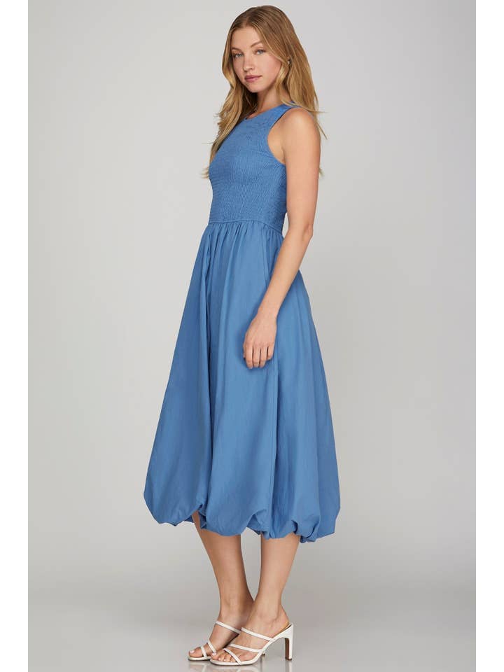 Peace Love Line - Wholesale Dress - Women's - PL6295 - SMOCKED TOP WOVEN MIDI BUBBLE DRESS