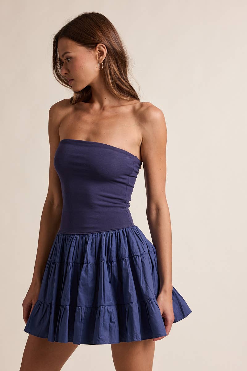 Sky to Moon - Wholesale Dress - Women's - SOLID COLOR DROP-WAIST TIERED TUBE MINI DRESS5